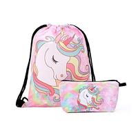 Mochila con Cordón Unicornio Niña, Impermeable, Lindo Conjunto de Mochila de Unicornio, Bolsos con cordón para Gimnasio, Regalo para niños con Bolsa de Almacenamiento, Paquete de 2