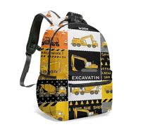 Mochila con estampado de camiones de construcción vibrante, vehículos geométricos, 16 pulgadas, ilustración artística plana, mochila de día de 360 grados, 03., L, Casual
