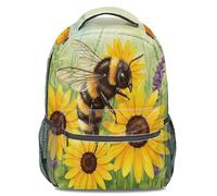 Mochila con estampado de estilo folclórico pintada a mano, diseño de abeja gigante y girasol, ideal para niños y actividades al aire libre, 03., L