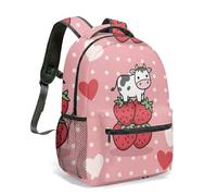 Mochila con estampado de fresa de vaca de 16 pulgadas, diseño de corazón de caricatura rosa dulce con diseño de corazón y estampado de corazón, 05., L, Casual