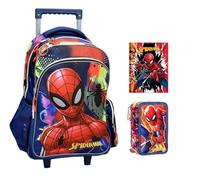 Mochila con ruedas compatible con Spiderman, hombre, araña, escuela primaria secundaria, respaldo acolchado, asa telescópica + estuche completo de papelería + diario + 7 bolígrafos borrables