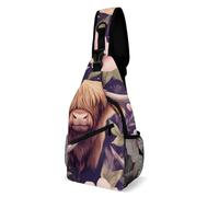 Mochila Cruzada Arte De Vaca De Las Tierras Altas Con Flores Rosas Bolsa Cruzada Bandoleras Estilo Bolso Pecho Ligera Crossbody Para Viaje Deporte