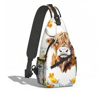 Mochila Cruzada Flores En Acuarela Vaca De Las Tierras Altas Sling Bag Hombres Y Mujeres Sling Pecho Bolsas Bandolera Comodidad Crossbody Para Senderismo Viaje Correr