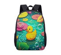 Mochila de 17 pulgadas con diseño de estanque de patitos amarillos para niños y adolescentes, bonita mochila escolar con estampado de lirios de agua rosados, mochila gráfica vibrante, 16 (Reino Unido