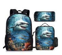 Mochila de 3 piezas con lonchera para niños, mochila grande para escuela primaria, bolsa de libros para niños de 6 a 16 años, Tiburón, Cool Sport