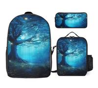 Mochila de 3 piezas para mujeres y hombres, ligera, casual, bolsa de hombro con bolsa de almuerzo aislada y estuche, organizadores de fantasía mística, azul naturaleza