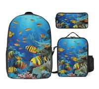 Mochila de 3 piezas para mujeres y hombres, ligera, casual, bolsa de hombro con bolsa de almuerzo aislada y estuche, organizadores The Underwater World Tropical Fish