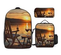 Mochila de 3 piezas para mujeres y hombres, ligera, casual, bolsa de hombro con bolsa de almuerzo aislada y estuche, organizadores, silla y vino al atardecer en el lago