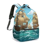Mochila de 40,6 cm, diseño de mapa de aventuras piratas de dibujos animados, diseño náutico, barco del tesoro, isla tropical, bolsa náutica, 06., L, Casual