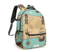 Mochila de 40,6 cm, diseño de mapa de aventuras piratas de dibujos animados, diseño náutico, barco del tesoro, isla tropical, bolsa náutica, 02., L, Casual