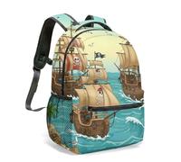 Mochila de 40,6 cm, diseño de mapa de aventuras piratas de dibujos animados, diseño náutico, barco del tesoro, isla tropical, bolsa náutica, 05., L, Casual