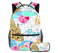 Mochila de arquitectura colorida con estuche para lápices, juego de 2 mochilas escolares para niños, niñas, adolescentes, bolsa de viaje para estudiantes, multicolor, B：29.4x20x40cm P：19x7.5x3.8cm,