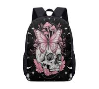 Mochila de calavera gótica de 17 pulgadas, diseño de seta de mariposa rosa, mochila escolar mística para niños, adolescentes y estudiantes, estética oscura, 01., L, Minimalista
