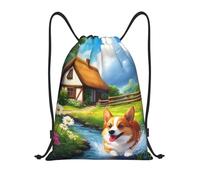 Mochila de Cuerda, Lindo Corgi en una Escena de cabaña con jardín Bolsas de Cuerdas Robusto Moderno Bolsa de Gimnasia para Vacaciones Mujer Yoga 36X42cm