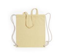 Mochila de Cuerdas [Nature Line, Algodón Reciclado 140g/m2, 9kg Resistencia] Asas Largas 70cm, Argollas Metálicas Reforzadas, Eco-Friendly, Ideal Compras, Gimnasio y Uso Diario - 38x42cm (Amarillo)