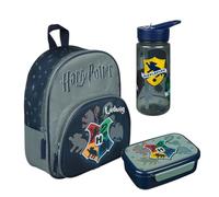 Mochila de guardería Harry Potter Hogwarts con fiambrera, botella de agua, personalizable con nombre, juego de mochila infantil con fiambrera y vaso, Set 1 - Harry Potter Gris, 3 teilig