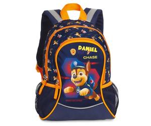 Mochila de guardería personalizada Paw Patrol - Mochila para niños y niñas con nombre - Mochila de ocio guardería Kita con bolsillos laterales de malla bolsillo delantero, Chase - Azul Oscuro/Naranja,