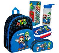 Mochila de guardería Super Mario con fiambrera y botella, estuche personalizado con nombre, juego de mochila infantil, fiambrera y vaso, estuche azul real