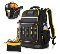 Mochila de herramientas de tela Oxford resistente con parte inferior dura para electricistas, bolsa de almacenamiento de herramientas grande con funda para laptop y bolsillos para obras de
