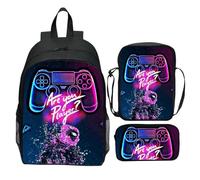 Mochila de Juegos Personalizada Juego para Niños 6-14: Bolso Escolar Impermeable de 3 Piezas con Caja de Almuerzo y Estuche Lápiz, Gran Capacidad de Peso Ligero E