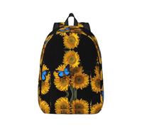 Mochila de lona con diseño de girasoles amarillos con mariposas azules, correas ajustables, vintage, casual, escuela, viajes, trabajo al aire libre, camping, Black, M