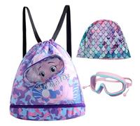 Mochila de natación Rosa Lila de Dibujos Animados,separación seco-húmedo,Gorro de baño,Gafas natación,Gafas natación con protección UV,para oídos de silicón Impermeables y Pinza Nasal (3PCS)