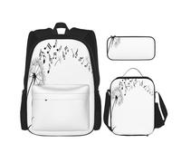 Mochila de notas musicales voladoras botánicas con fiambrera, mochila de anime, mochila escolar, mochila para tres personas, Black, Talla única, Juego de mochila escolar