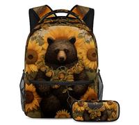 Mochila de oso negro y girasol con estuche para lápices, juego de 2 mochilas escolares para niños, niñas, adolescentes, bolsa de viaje para estudiantes, multicolor, B：29.4x20x40cm P：19x7.5x3.8cm,