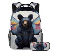 Mochila de oso negro y mariposa con estuche para lápices, juego de 2 mochilas escolares para niños, niñas, adolescentes, bolsa de viaje para estudiantes, multicolor, B：29.4x20x40cm P：19x7.5x3.8cm,
