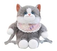Mochila de peluche gris, peluche de gato Ragdoll con babero de encaje
