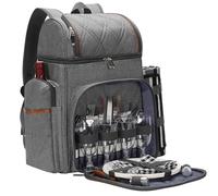 Mochila de picnic para 4 personas con compartimento térmico aislado a prueba de fugas, soporte para vino, manta de picnic, platos y juego de cubiertos para playa, camping, fiesta, regalos (gris nuevo)