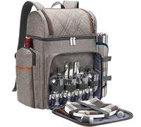 Mochila de picnic para 4 personas con soporte de vino, compartimento aislado a prueba de fugas, manta de picnic, juego de platos y cubiertos para playa, camping, fiesta, regalos (caqui cepillado)