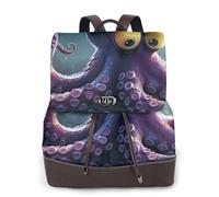 Mochila de piel para mujer, diseño de pulpo de ojos grandes, color morado, para viajes, informal, para el trabajo