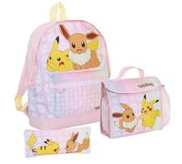 Mochila de Pokemon para niñas + bolsa de almuerzo + estuche para lápices Pikachu & Eevee College School Bag Set de 3 piezas, Pink, Mochila