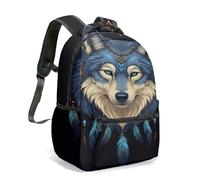 Mochila de retrato de lobo exótico con plumas azules y tocado dorado de 16 pulgadas con impresión realista de ilustración, 01., L, Casual