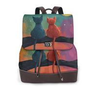 Mochila de viaje de moda con diseño de gatos azules y rojos y la luna para mujer, mochila informal, mochila de cuero estampada para el trabajo