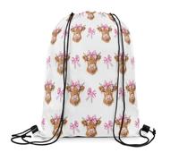 Mochila Deporte Linda Vaca De Las Tierras Altas con Lazo Rosa Fácil De Doblar Mochila Gimnasio Cuerdas Ajustable Bolsa Deporte para Viaje Hombre Playa 39X46Cm