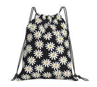 Mochila deportiva con cordón, resistente al agua, para gimnasio, para mujer y hombre, con diseño de margaritas, flores florales, blanco y negro