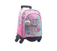 Mochila Escolar Angel & Stitch - Doble Compartimento - CON ACCESORIO CORAZON + CARRO NEGRO TOYBAGS CON PROTECCION LATERAL Y STOPER FRONTAL 4 ruedas giratorias - 44.5 X 32 X 21 CM