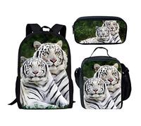 Mochila escolar, bolsa de almuerzo, caja de lápices, mochila 3 juegos para niños, estudiantes, niños, escuela, gato 3, M, blanco (White Tiger), Talla única, Mochilas Daypack