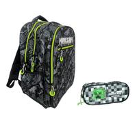 Mochila escolar compatible con Minecraft gris redondo 3 compartimentos cremallera para niños primaria mediana + estuche ovalado + kit bolígrafos y llavero silbato