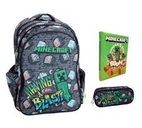 Mochila escolar compatible con Minecraft Having A Blast gris redondo 3 compartimentos cremallera para niños primaria mediana + estuche ovalado + diario + kit bolígrafos y llavero silbato