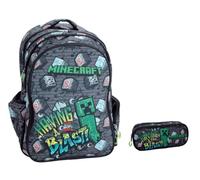 Mochila escolar compatible con Minecraft Having A Blast gris redondo 3 compartimentos cremallera para niños primaria mediana + estuche ovalado + kit bolígrafos y llavero silbato