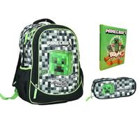 Mochila escolar compatible con Minecraft Pixel Crafting Since Alpha redonda 3 compartimentos cremallera para niños primaria mediana + estuche ovalado + diario + kit bolígrafos y llavero silbato