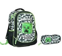 Mochila escolar compatible con Minecraft Pixel Crafting Since Alpha redonda 3 compartimentos cremallera para niños primaria mediana + estuche ovalado + kit bolígrafos y llavero silbato