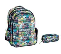 Mochila escolar compatible con Minecraft Pixel multicolor redonda 3 compartimentos cremallera para niños primaria media + estuche ovalado + kit bolígrafos y llavero silbato