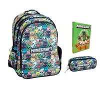 Mochila escolar compatible con Minecraft Pixel multicolor redonda 3 compartimentos cremallera para niños primaria media + estuche ovalado + diario + kit bolígrafos y llavero silbato