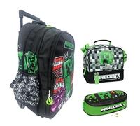 Mochila escolar compatible con Minecraft redonda 3 compartimentos cremallera para niños primaria media + estuche ovalado cremallera + bolsa térmica Snack Bag 21 cm para el almuerzo merienda