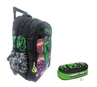Mochila escolar compatible con Minecraft redonda 3 compartimentos cremallera para niños primaria mediana + estuche ovalado cremallera