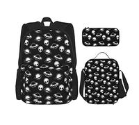 Mochila escolar conjuntos 3 piezas Niñas Adolescentes (Aliens Space UFO Black) Bolsa de libros + Bolsa de almuerzo + Estuche de lápices Mochila linda Trabajo universitario Gimnasio Senderismo Pesca